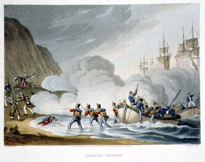 エドワード・オルム（1774-1820）が出版した「Historic, Military and Naval Anecdotes」からマシュー・デュブール（1813-20年）が彫った軍の上陸図 1817年（アクアチント）。 作： John Augustus (after) Atkinson