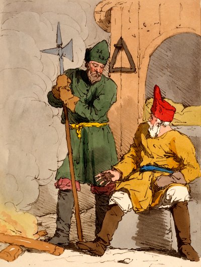 ジェームズウォーカーの「ロシア人のマナー、習慣、娯楽」のイラスト「Boutoushniki」またはWatchmen、1803-4（アクアチントエッチング）を公開 作： John Augustus Atkinson