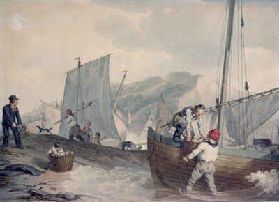 釣り船荷降ろし（水彩） 作： John Augustus Atkinson