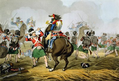 「歴史的、軍事的、海軍の逸話」、パブからマシューデュブール（fl.1813-20）によって刻まれた、ハイランド人とスコッツグレイによって起訴され敗北したウォータールーの戦いでのフランスのキュラシエEによる 作： John Augustus Atkinson