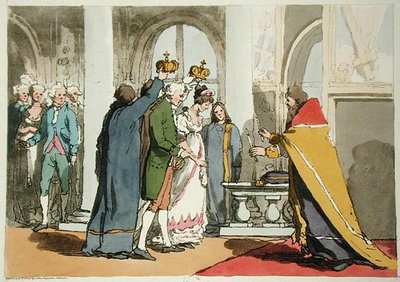 画家がエッチングした「結婚」は1804年に出版された（カラーリトグラフ 作： John Augustus Atkinson