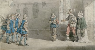 ペトルチオ、カタリーナ、および「じゃじゃ馬ならし」のシーンの召使い1815年頃（紙にペンとトイレ） 作： John Augustus Atkinson