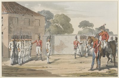 ソルジャーズドリリング、1807年（淡い色のアクアチントと柔らかい地面のエッチング） 作： John Augustus Atkinson