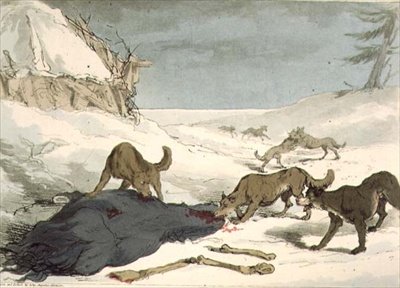 オオカミ狩り」は、「ロシア人のマナー、習慣、娯楽」の第3巻からの74枚目のプレートで、画家が彫ったもので、1804年に出版されました。1804年（アクアチント）。 作： John Augustus Atkinson
