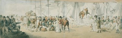 1800年頃、マーゲート（イングランド）での軍馬の搭乗。ジョン・オーガスタス・アトキンソン（1775-1833）による水彩画（17.8x54cm）、19世紀初頭。 作： John Augustus Atkinson