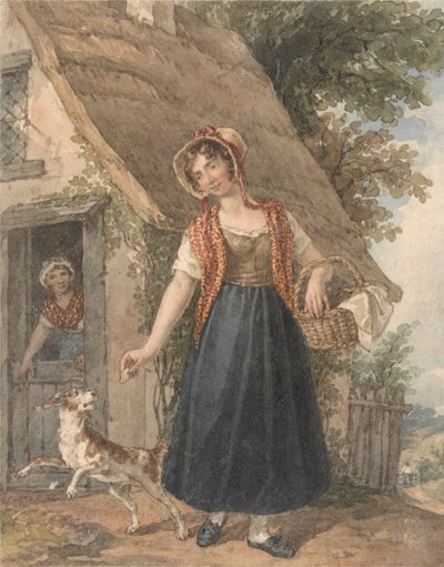 コテージの戸口の外で犬を持つ若い女性 作： John Augustus Atkinson