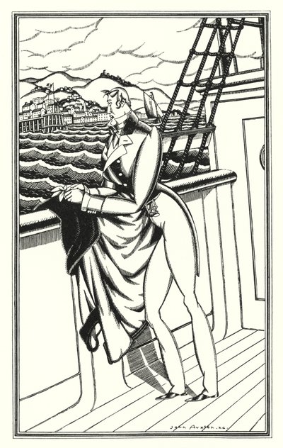 バイロン卿によるドンファンのイラスト：「さようなら、さようなら！私の故郷の海岸」（リソ） 作： John Austen