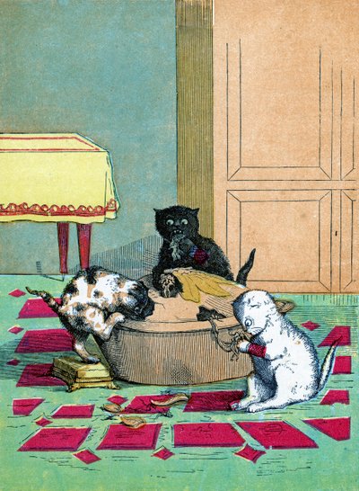 ミトンを着てパイを食べる3匹の子猫、1859年の「3匹の子猫」のイラスト 作： John Ballantyne