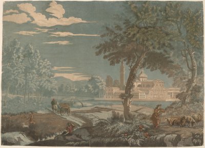 サン ジョルジョ マッジョーレを背景に、カートとヤギ飼いのいる英雄的な風景 作： John Baptist Jackson after Marco Ricci