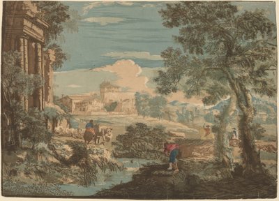 漁師、牛、騎手の英雄的な風景 作： John Baptist Jackson after Marco Ricci