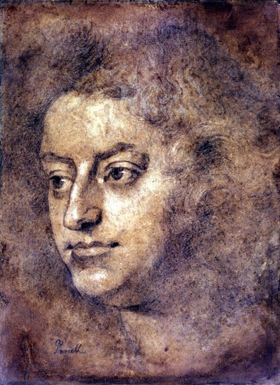 イギリスの作曲家、ヘンリー・パーセル（1659-1695）の肖像。サー・ジョン・クロスターマンの作とされる絵。黒のチョークで描かれている。1695.ロンドン、ナショナル・ポートレート・ギャラリー 作： John Baptiste Closterman