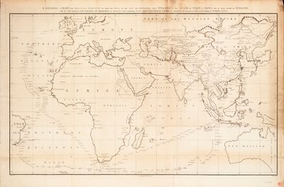 メルカトル図法による「ライオン号」と「ヒンドスタン号」のイギリスから中国のペキン溝までの航路と、イギリスへの帰航を示す全体図。 作： John Barrow