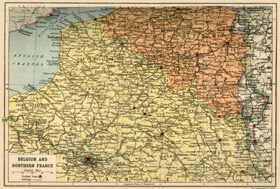 ベルギーと北フランスの地図、c1914、c1920。 作： John Bartholomew and Son