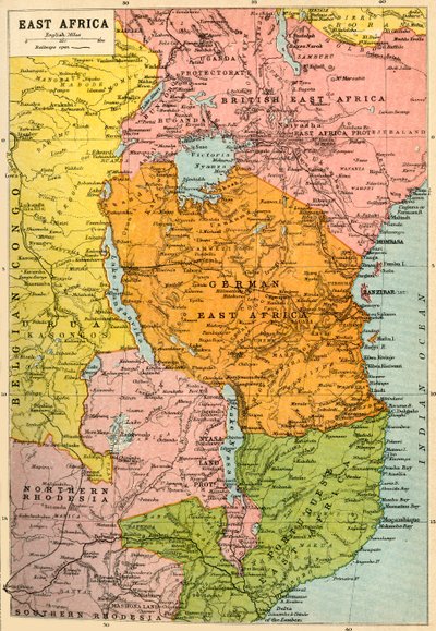 東アフリカの地図、第一次世界大戦、c1920。 作： John Bartholomew and Son