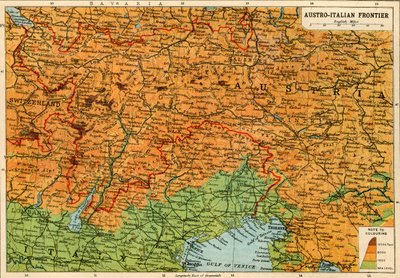 オーストリアイタリアのフロンティア、第一次世界大戦、c1920の地図。 作： John Bartholomew and Son
