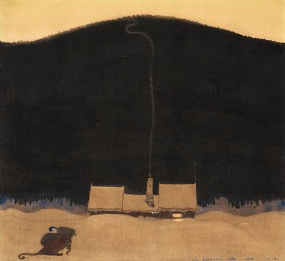 Bland tomtar och troll "のElsa Beskowによる "När Trollmor skötte Kungens Storbyk "の挿絵、山の麓のコテージ。 作： John Bauer