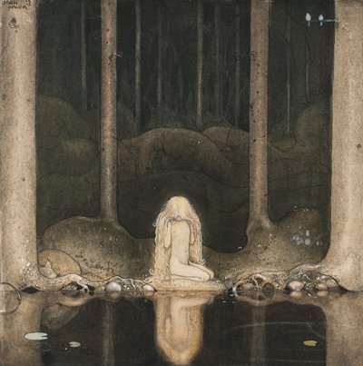 トゥブスターはまだ座っていて、切なそうに水面を見ている。 作： John Bauer