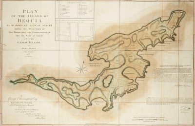 1776年、ジョン・バレス測量主任による、高名な割譲島土地売却委員会の指示の下、実測によって作成されたベキア島の平面図 作： John Bayly