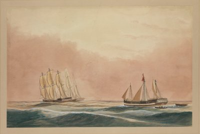 バルク「Otter」と船「City of Poona」によってモーリシャスまで曳航される「Futty Satam号」1851年頃（水彩画） 作： John Becket Hodgson