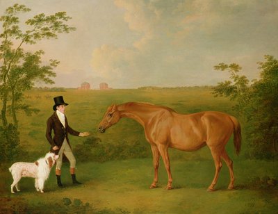 風景の中の白い犬と栗毛の牝馬を連れた紳士（油彩・キャンバス 作： John Boultbee