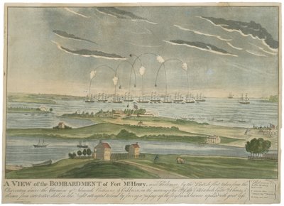 マクヘンリー砦の砲撃の眺め、1815年頃（手彩色アクアチント、ウィーブ紙 作： John Bower