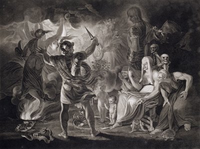 第4幕のマクベス、3人の魔女とヘカテ、ウィリアムシェイクスピア（1564-1616）による「マクベス」のシーンI発行1805 作： John Boydell