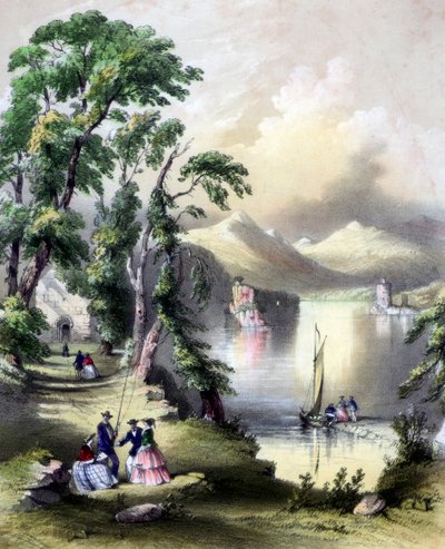 19世紀のアイルランド、イニスファッレン修道院の遺跡とキラーニー湖。 作： John Brandard
