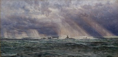 ロングシップ灯台沖の北西の強風、1873 年。 作： John Brett