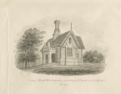 Blithfield - 「Lodge at Bagot Park」：セピア色の図面 作： John Buckler