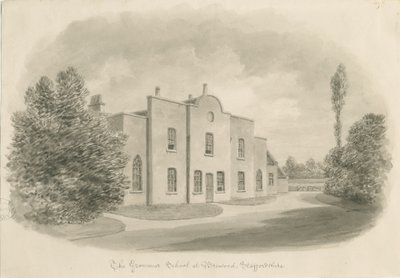 Brewood Grammar School：セピア色のデッサン、nd [c 1842]（デッサン） 作： John Buckler