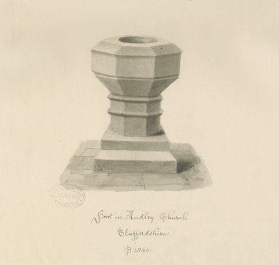 オードリー教会のフォント：セピア画、1840年 作： John Buckler