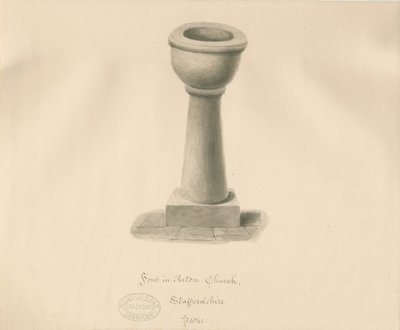 アクトントラッセル教会のフォント：セピア色の描画、1841年 作： John Buckler