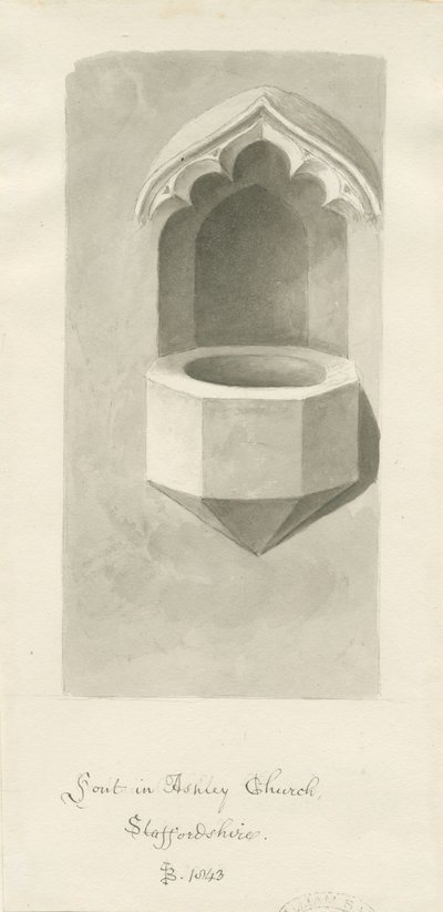 アシュリー教会のフォント：セピア色の描画、1843年 作： John Buckler
