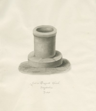 Bagnall教会のフォント：セピア色の絵 作： John Buckler