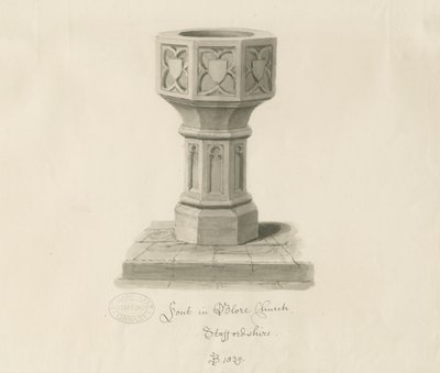 ブロア教会のフォント：セピア画、1839 作： John Buckler