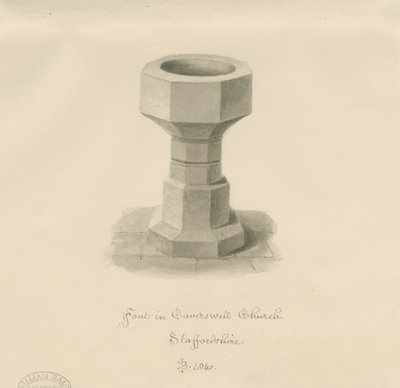 キャバーズウォール教会のフォント：セピア画、1840 作： John Buckler