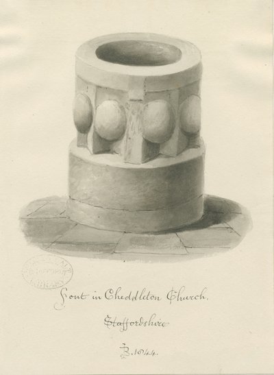チェッドルトン教会のフォント：セピア画、1844年 作： John Buckler