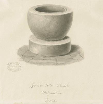 コルトン教会のフォント：セピア画、1842 作： John Buckler