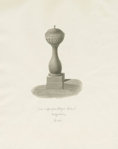ドレイトンバセット教会のフォント：セピア画、1848年 作： John Buckler