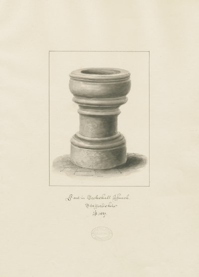 エクルシャル教会のフォント：セピア色の描画 作： John Buckler