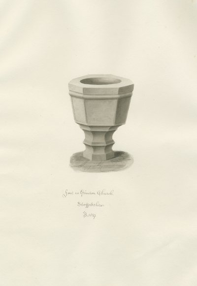 グリンドン教会のフォント：セピア色の絵 作： John Buckler