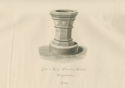 キングスブロムリー教会のフォント：セピア色の描画、1839年 作： John Buckler
