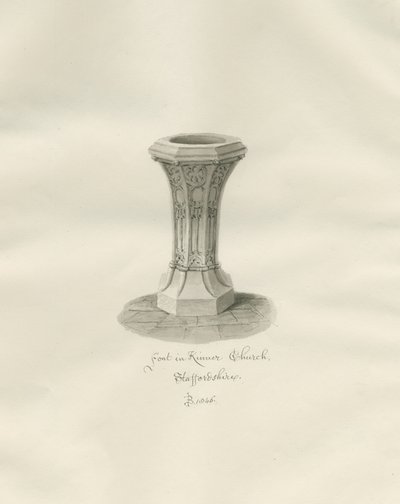 キンバー教会のフォント：セピア色の絵 作： John Buckler