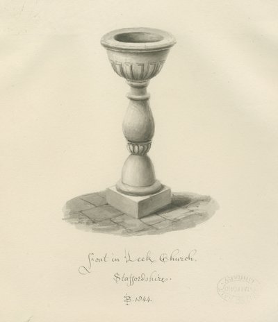 リーク教会のフォント：セピア色の描画、1844 作： John Buckler