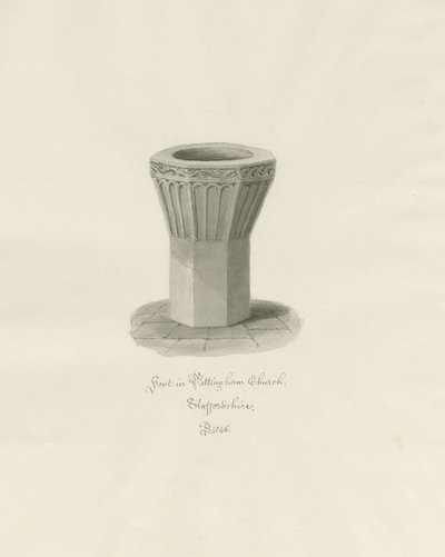 パティンガム教会のフォント：セピア色のウォッシュの描画、1846 作： John Buckler