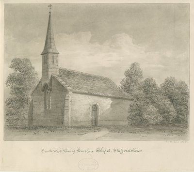 Haselour Chapel：セピア色のデッサン、1828年 作： John Buckler