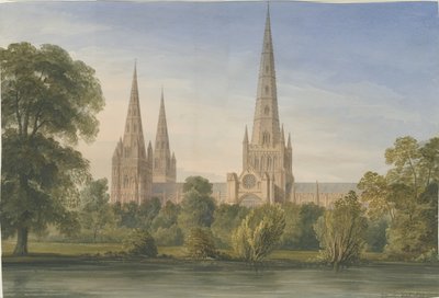 リッチフィールド大聖堂-サウスサウスイーストビュー：水彩画、1842 作： John Buckler