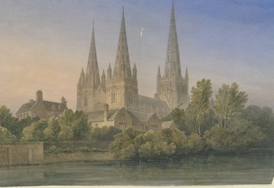 リッチフィールド大聖堂-サウスウェストビュー：1839年の水彩画 作： John Buckler