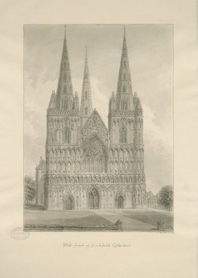 リッチフィールド大聖堂-ウェストフロント：セピア画、1806 作： John Buckler