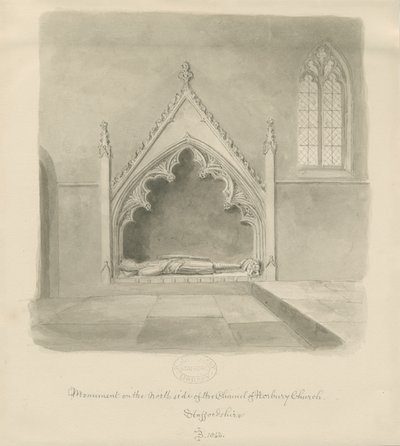 ノーベリー教会-ラルフルボティエの記念碑：セピアウォッシュの描画、1843年 作： John Buckler